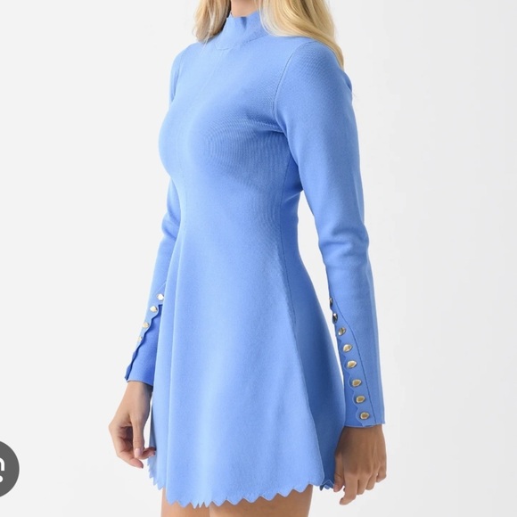 AJE- NWT Mist Blue Harmony Knit Longsleeve Scalloped Trim High Collar Mini Dress - Picture 2 of 10